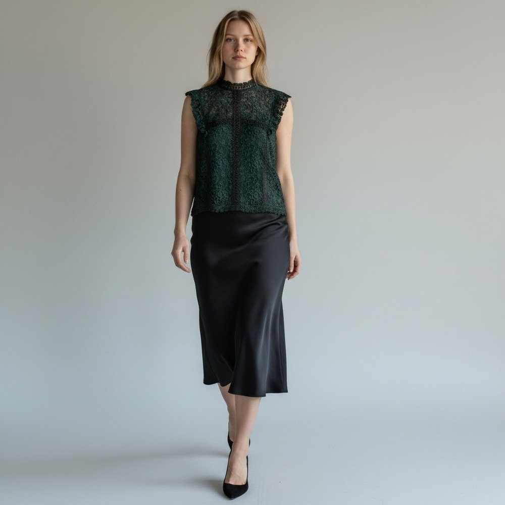 Laundry By Shelli Segal New Edwardian Gothic Lace Black Hunter Green Top XL Mock